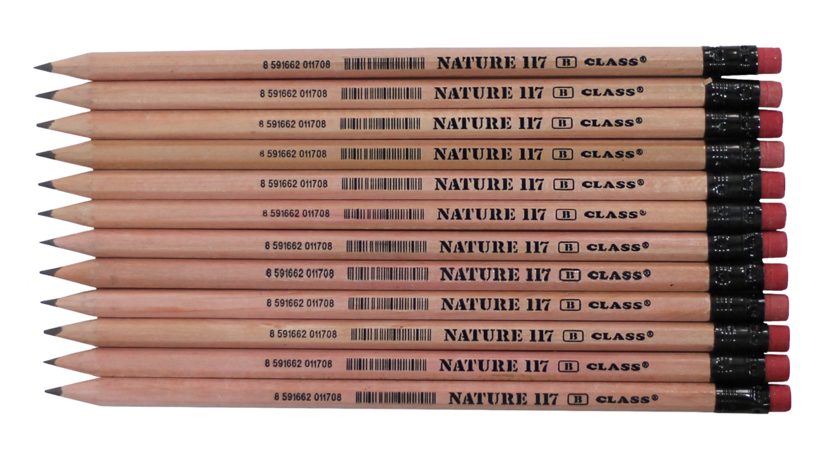 Олівець графітний CLASS (117C) NATURAL, B, 189мм, з ластиком, шестигранний